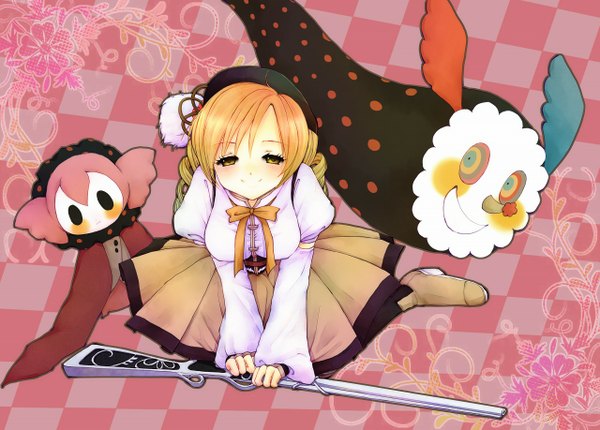 Anime picture 1280x918 with mahou shoujo madoka magica shaft (studio) tomoe mami semimaru (artist) blonde hair yellow eyes drill hair checkered floor witch girl dress weapon hat rifle