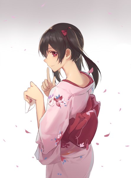 Anime picture 1408x1900 with love live! school idol project sunrise (studio) love live! yazawa nico huanxiang heitu single long hair tall image looking at viewer blush black hair simple background twintails traditional clothes japanese clothes light smile gradient background girl bow hair bow