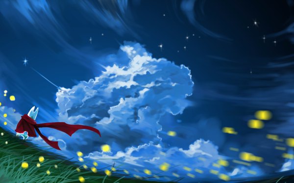 Anime picture 1280x800 with original yuushoku wide image cloud (clouds) from behind night night sky plant (plants) animal star (stars) grass