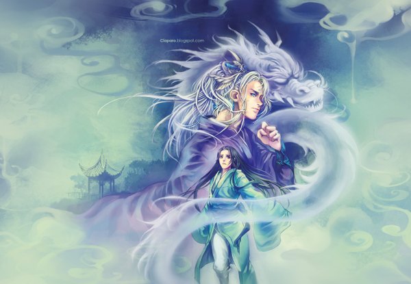 Anime picture 1300x900 with claparo-sans long hair blue eyes black hair signed silver hair traditional clothes japanese clothes grey eyes smoke face paint architecture east asian architecture girl boy hair ornament plant (plants) tree (trees) dragon