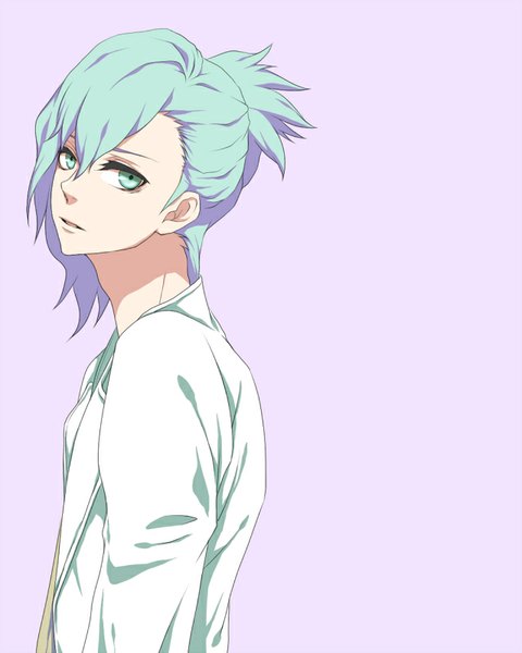 Anime picture 640x800 with uta no prince-sama a-1 pictures mikaze ai nayuta (hanayushi) single tall image looking at viewer fringe short hair simple background parted lips aqua eyes aqua hair purple background boy