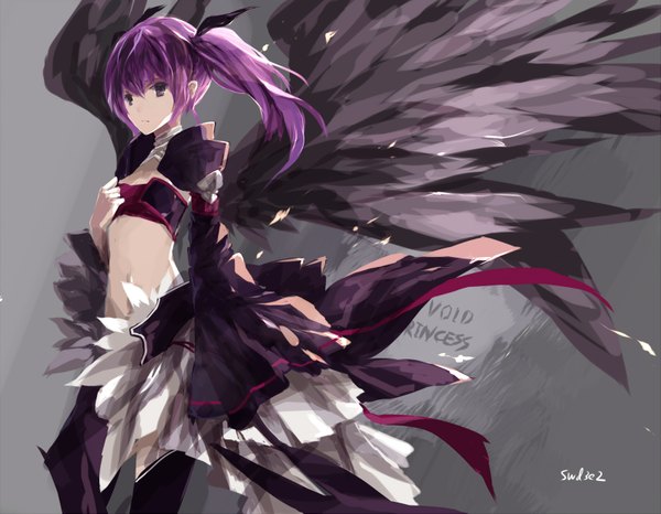 Anime picture 1593x1239 with elsword aisha landar swd3e2 single long hair simple background standing twintails purple eyes looking away purple hair grey background bare belly black wings girl wings