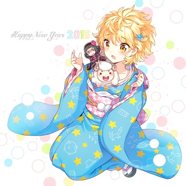 Anime picture 1000x1000 with original nardack single blush short hair open mouth blonde hair yellow eyes traditional clothes japanese clothes chibi new year happy new year star print 2015 girl hair ornament animal kimono star (symbol)
