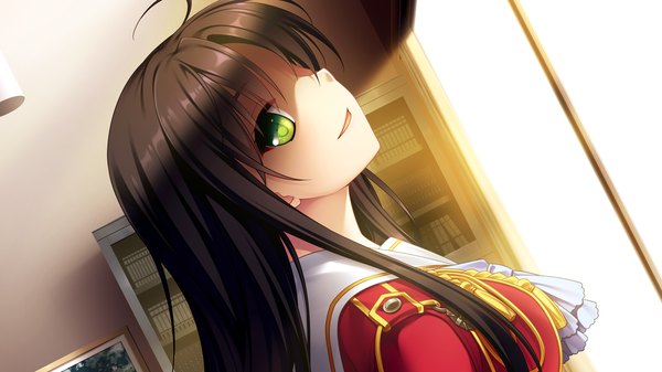 Anime picture 1920x1080 with hello lady akatsuki-works single long hair highres black hair smile wide image green eyes game cg girl uniform school uniform