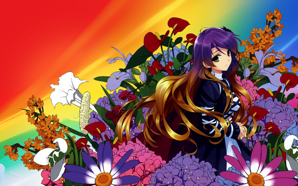 Anime picture 2560x1600 with touhou hijiri byakuren misaki kurehito single long hair highres wide image yellow eyes multicolored hair gradient hair girl flower (flowers)