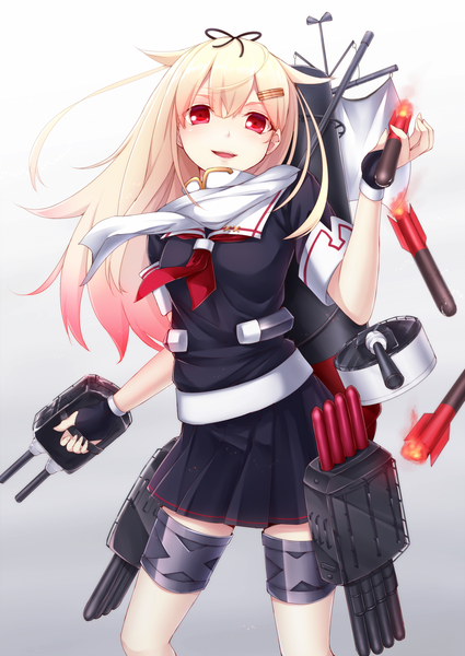 Anime picture 1200x1694 with kantai collection yuudachi destroyer dabadhi single long hair tall image blush blonde hair smile red eyes pink hair parted lips multicolored hair grey background two-tone hair gradient background gradient hair remodel (kantai collection) girl gloves