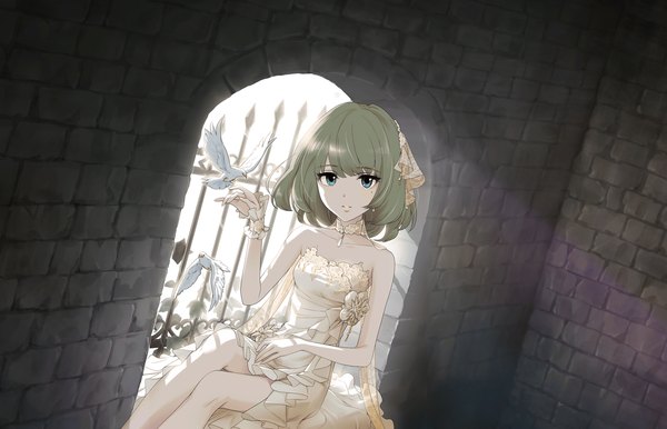 Anime picture 1280x824 with idolmaster idolmaster cinderella girls idolmaster cinderella girls starlight stage takagaki kaede annindoufu (oicon) single looking at viewer fringe short hair blue eyes brown hair sitting bare shoulders green eyes mole official art mole under eye heterochromia light brick wall