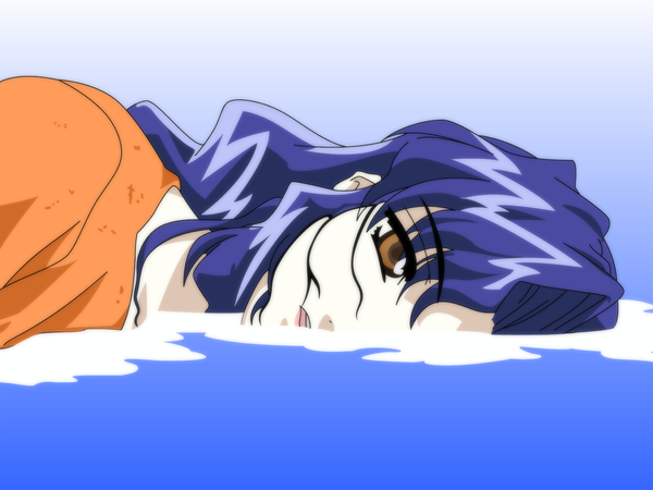 Anime picture 1600x1200 with excel saga j.c. staff hyatt single long hair looking at viewer brown eyes blue hair upper body partially submerged girl