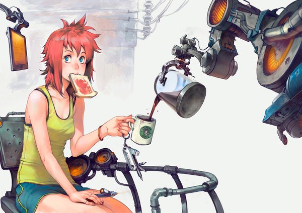 Anime picture 1280x905 with asuka111 sitting red hair aqua eyes eating girl cup drink robot mecha monitor