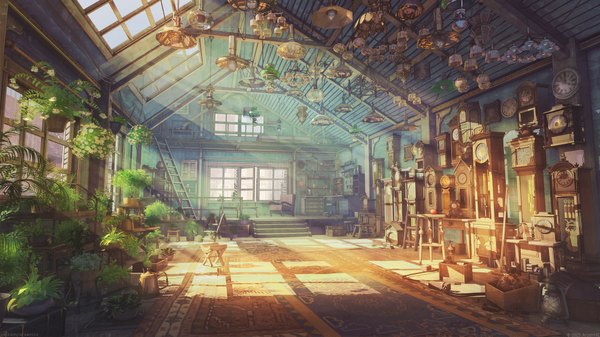 Anime picture 2000x1125 with original arsenixc highres wide image indoors sunlight shadow no people sunbeam plant (plants) window book (books) chair table fruit clock lantern stairs wire (wires) lamp
