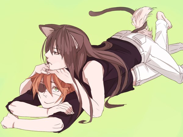 Anime picture 1600x1200 with d.gray-man kanda yuu lavi yonedakuro long hair short hair simple background smile brown hair green eyes animal ears tail lying animal tail barefoot black eyes cat ears orange hair multiple boys cat tail