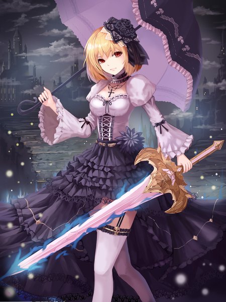 Anime picture 1500x2000 with original dew (7302235) single tall image fringe short hair blonde hair red eyes standing holding cloud (clouds) outdoors head tilt night wide sleeves puffy sleeves frilly skirt glowing weapon girl thighhighs