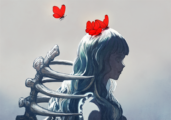 Anime picture 1200x845 with original nami hey single long hair simple background looking away profile lips grey hair grey background grey eyes wavy hair bone (bones) girl insect butterfly