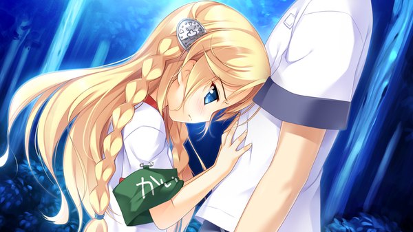 Anime picture 1024x576 with natsukumo yururu long hair blush blue eyes blonde hair wide image game cg braid (braids) profile loli girl boy uniform school uniform