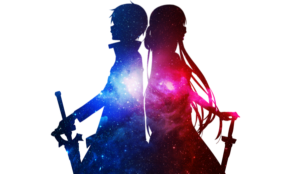 Anime picture 1920x1115 with sword art online a-1 pictures yuuki asuna kirigaya kazuto long hair fringe highres simple background wide image standing white background holding profile wallpaper back to back silhouette double exposure girl boy weapon