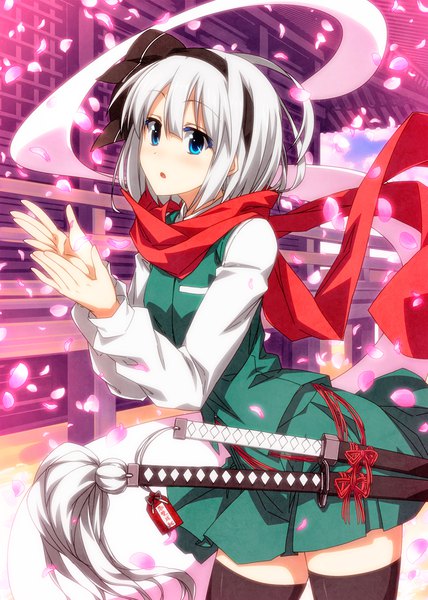 Anime picture 800x1120 with touhou konpaku youmu myon sazanami mio single tall image blush fringe short hair open mouth blue eyes hair between eyes looking away silver hair zettai ryouiki ghost girl thighhighs dress skirt