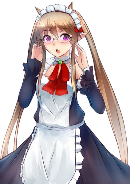 Anime picture 1024x1452 with outbreak company feel (studio) myucel foalan swordwaltz single long hair tall image looking at viewer blush open mouth simple background brown hair white background purple eyes pointy ears maid elf girl glasses headdress