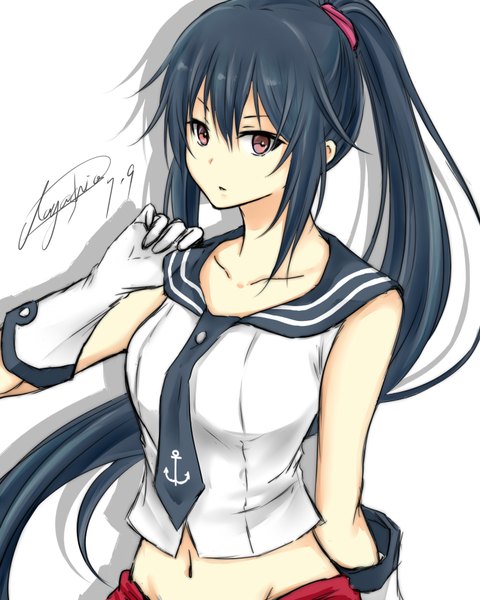 Anime picture 800x1000 with kantai collection yahagi light cruiser aoyashio rin single long hair tall image fringe standing white background brown eyes signed blue hair ponytail parted lips bare belly shadow adjusting clothes girl gloves navel