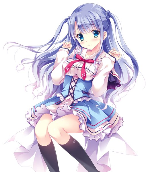 Anime picture 989x1164 with koi suru kimochi no kasanekata ensemble (studio) ougi ichika kimishima ao single long hair tall image looking at viewer blush fringe breasts blue eyes simple background smile white background sitting purple hair blunt bangs official art two side up