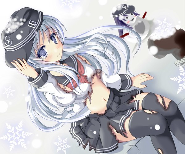 Anime picture 1500x1250 with kantai collection hibiki destroyer hiiragi tomoka single long hair blush smile sitting from above grey hair grey eyes dutch angle torn clothes girl thighhighs skirt navel black thighhighs miniskirt cap