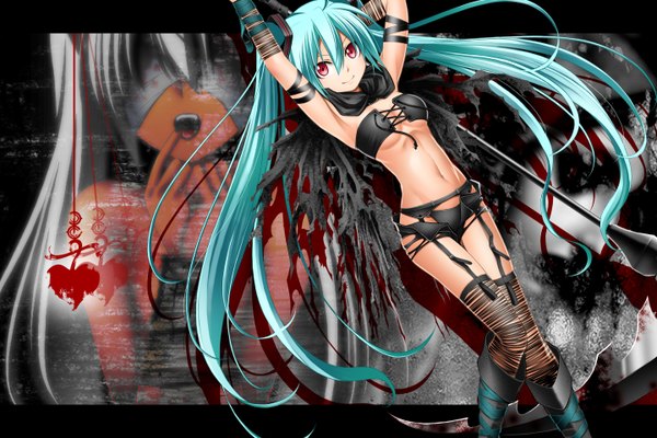 Anime picture 1440x960 with vocaloid hatsune miku kuromayu single light erotic red eyes twintails very long hair aqua hair midriff girl thighhighs navel weapon shorts
