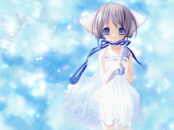 Anime picture 1024x768 with koge donbo single looking at viewer fringe short hair blue eyes standing bare shoulders holding sky grey hair see-through silhouette girl dress ribbon (ribbons) white dress