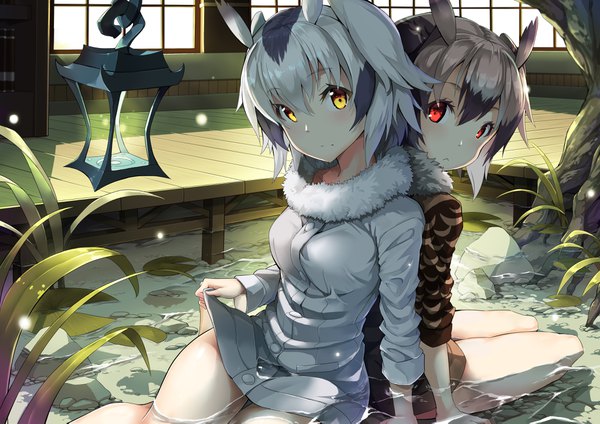 Anime picture 4092x2893 with kemono friends northern white-faced owl (kemono friends) eurasian eagle owl (kemono friends) jie laite looking at viewer blush fringe highres short hair breasts black hair hair between eyes red eyes brown hair sitting multiple girls yellow eyes absurdres silver hair long sleeves