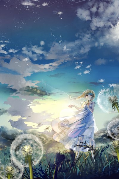 Anime picture 666x1000 with original aiha-deko single tall image fringe blonde hair red eyes standing holding looking away sky cloud (clouds) outdoors blunt bangs braid (braids) wind sleeveless twin braids outstretched arm girl