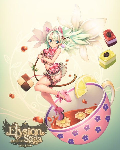 Anime picture 960x1200 with elysion saga (card game) ecell (artist) single tall image blush short hair blue eyes smile animal ears green hair legs girl dress navel shoes knickers