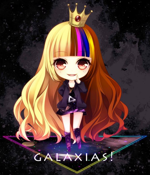 Anime picture 1000x1160 with vocaloid galaco single long hair tall image looking at viewer blush open mouth blonde hair smile red eyes brown hair multicolored hair inscription streaked hair chibi girl dress crown