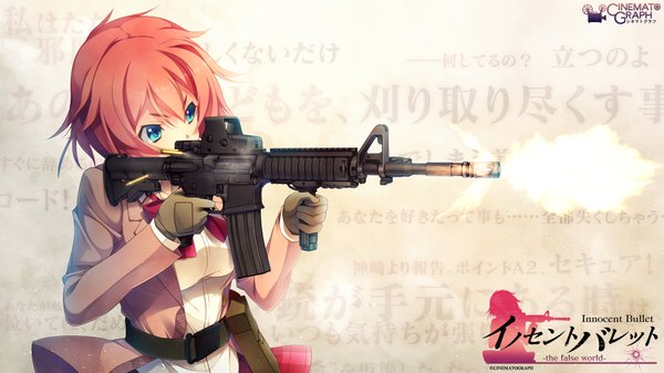 Anime picture 1920x1080 with innocent bullet kanzaki sayaka (innocent bullet) oosaki shinya single highres short hair blue eyes wide image red hair copyright name shot casing ejection girl uniform weapon school uniform gun assault rifle shell casing