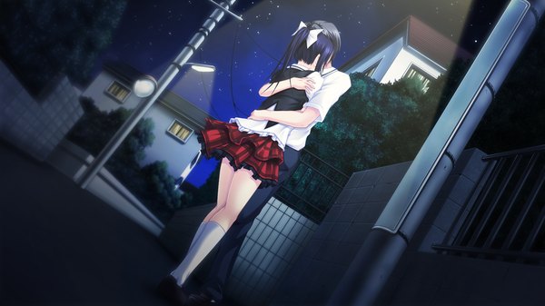Anime picture 1920x1080 with anata no koto o suki to iwasete long hair highres black hair wide image standing game cg full body outdoors ponytail from behind night dutch angle night sky couple hug plaid skirt light frilly skirt girl