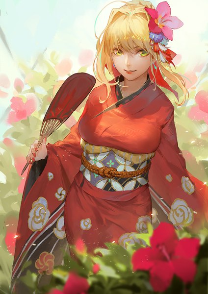 Anime picture 835x1181 with fate (series) fate/grand order fate/extra nero claudius (fate) (all) nero claudius (fate) qmo (chalsoma) single long hair tall image looking at viewer fringe breasts blonde hair smile hair between eyes standing holding green eyes ahoge outdoors