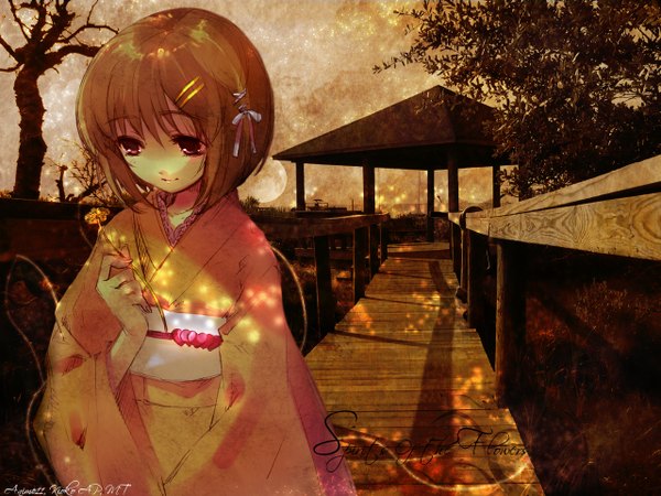 Anime picture 1280x960 with shakugan no shana j.c. staff yoshida kazumi itou noiji kiokorenay703 single short hair red eyes brown hair standing signed outdoors traditional clothes japanese clothes third-party edit bare tree girl flower (flowers) plant (plants) tree (trees)