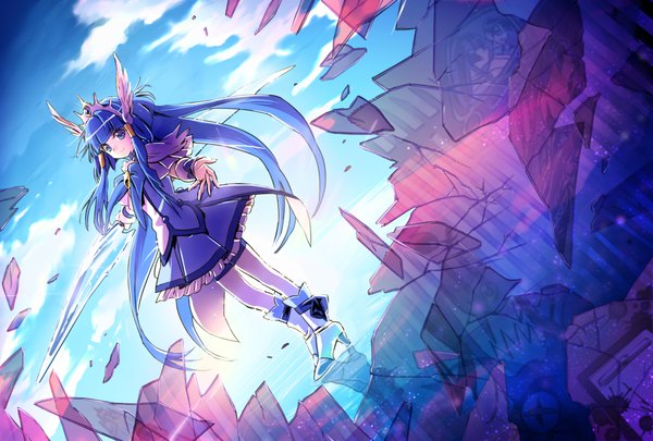 Anime picture 2039x1378 with precure smile precure! aoki reika cure beauty long hair looking at viewer highres blue eyes blue hair sky cloud (clouds) alternate costume reflection magical girl girl dress sword water tiara blue dress