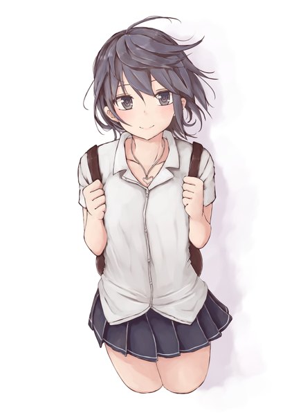 Anime picture 2508x3541 with original rutchifu single tall image highres short hair simple background smile white background pleated skirt wind grey hair shadow grey eyes girl skirt uniform school uniform pendant buttons