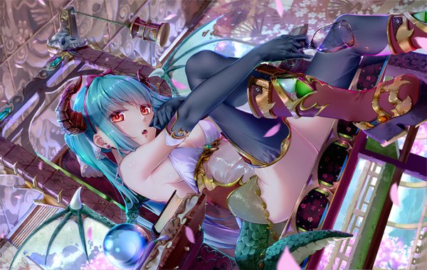 Anime picture 2743x1738 with vocaloid hatsune miku xuanlin jingshuang single long hair looking at viewer highres open mouth light erotic red eyes sitting bare shoulders holding payot head tilt horn (horns) aqua hair no bra dutch angle outstretched arm