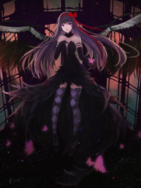 Anime picture 2000x2663 with mahou shoujo madoka magica shaft (studio) akemi homura akuma homura dre single long hair tall image looking at viewer fringe highres black hair purple eyes blunt bangs rhombus girl thighhighs dress gloves bow