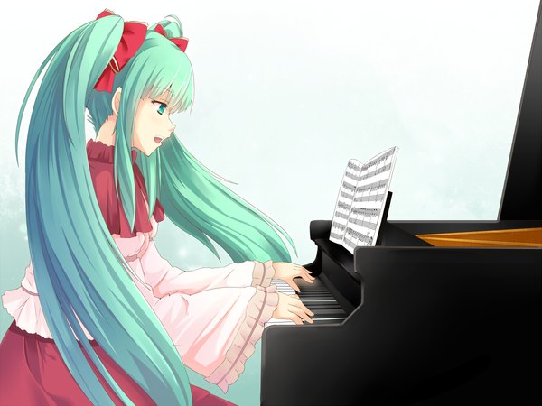 Anime picture 1200x900 with vocaloid hatsune miku long hair open mouth twintails green eyes green hair singing girl bow hair bow piano