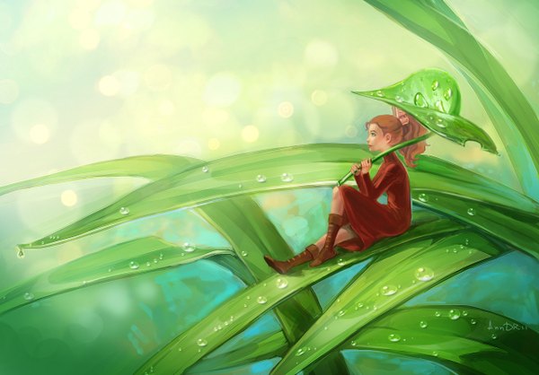 Anime picture 1280x892 with the borrower arrietty studio ghibli arrietty anndr (artist) single long hair green eyes ponytail orange hair wet girl dress plant (plants) shoes leaf (leaves) grass