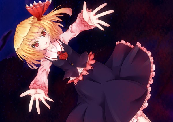 Anime picture 2480x1748 with touhou rumia yanagi ryou (artist) single highres short hair blonde hair red eyes outstretched arm girl dress skirt skirt set