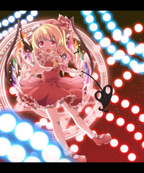 Anime picture 1234x1482 with touhou flandre scarlet kuromame (8gou) single tall image blush short hair open mouth blonde hair red eyes outstretched arm magic letterboxed danmaku girl dress weapon hat wings headdress