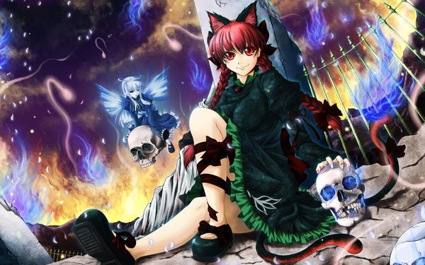 Anime picture 1680x1050 with touhou kaenbyou rin zombie fairy jyun highres short hair red eyes wide image twintails animal ears red hair tail braid (braids) cat ears cat tail wallpaper twin braids extra ears girl ribbon (ribbons)