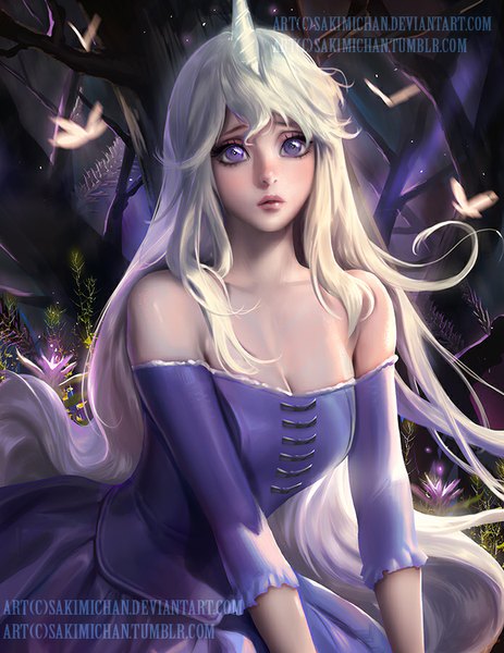 Anime picture 695x900 with the last unicorn disney lady amalthea sakimichan single long hair tall image looking at viewer breasts blonde hair purple eyes bare shoulders cleavage parted lips horn (horns) lips realistic short sleeves watermark eyeshadow