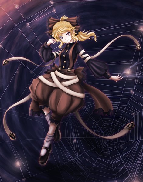 Anime picture 1200x1528 with touhou kurodani yamame skyspace (artist) single tall image short hair blonde hair red eyes girl bow hair bow spider web