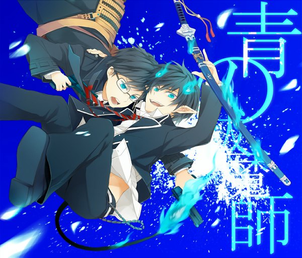 Anime picture 1052x900 with ao no exorcist a-1 pictures okumura rin okumura yukio natsu (pixiv712695) short hair open mouth black hair smile tail pointy ears teeth fang (fangs) glowing blue background glowing eye (eyes) open collar demon tail falling laughing