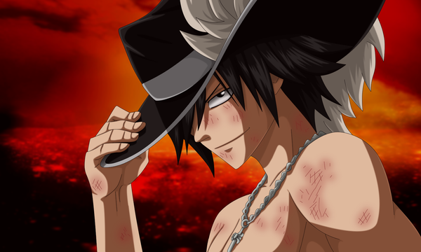 Anime picture 1600x960 with fairy tail gray fullbuster flowerinhell single looking at viewer fringe short hair black hair smile wide image bare shoulders sky cloud (clouds) black eyes hair over one eye boy hat headdress hand