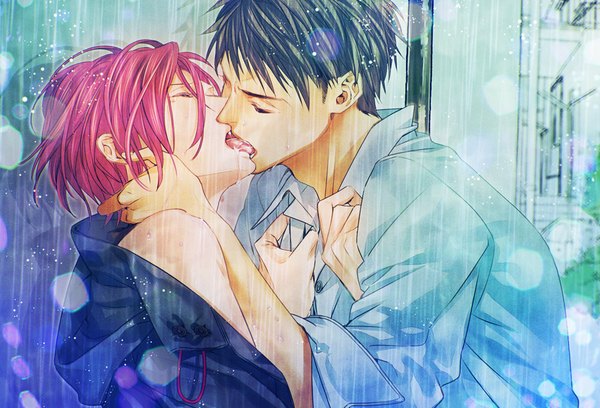 Anime picture 1000x680 with free! kyoto animation matsuoka rin yamazaki sosuke komashiro short hair light erotic brown hair pink hair eyes closed open clothes open jacket multiple boys wet rain wet clothes hand on head open collar shounen ai french kiss