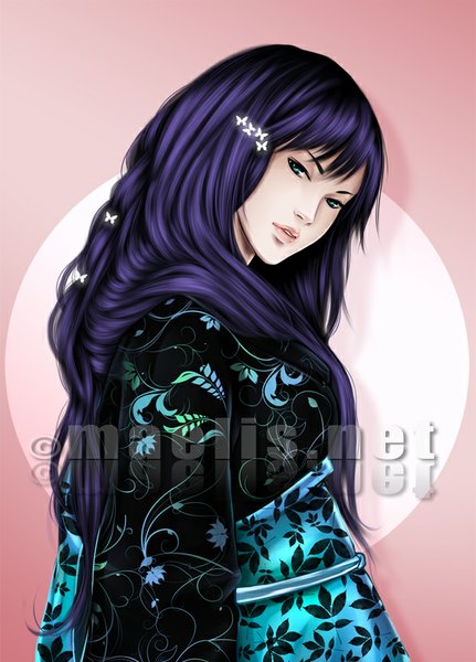 Anime picture 600x834 with original m-aelis single long hair tall image looking at viewer fringe simple background signed purple hair traditional clothes japanese clothes aqua eyes lips girl
