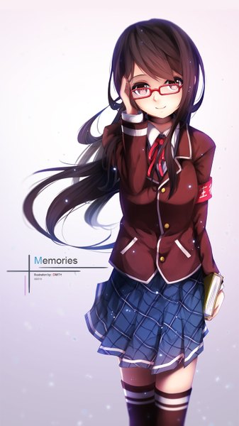 Anime picture 743x1323 with original dmith (baguscasbon) single long hair tall image looking at viewer black hair smile brown eyes girl thighhighs skirt uniform black thighhighs school uniform glasses